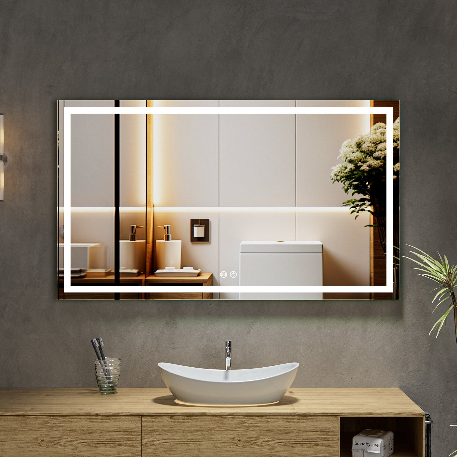 MaxxiBath K-203-F Anti-Fog LED Wall-Mounted Mirror with Adjustable Brightness, Touch Controls, and Modern Aluminum Frame